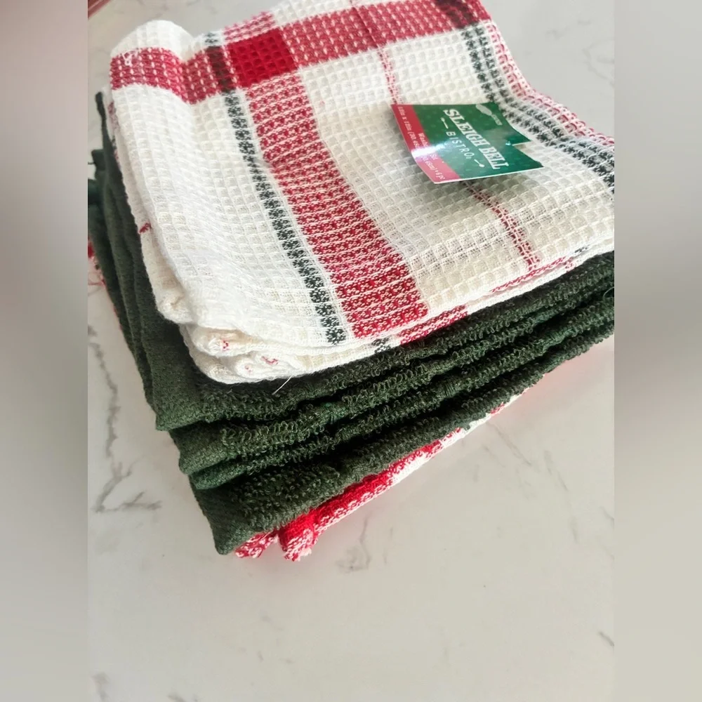 Sleigh Bell Bistro Plaid Washcloth Set 6 Pc 12x12 Kitchen Towels NWT